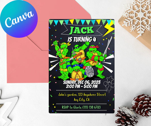 Turtle Birthday Editable Invitation | Printable Ninja Invite, Turtle Evite, Editable Canva Template | Instant Digital Download, Kids Party ElegantPartyInvites