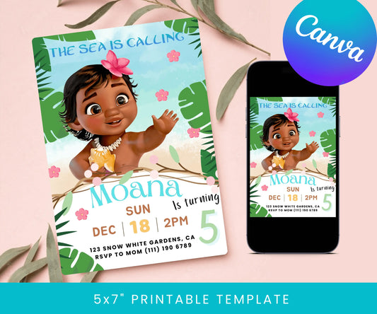 Moana Editable Baby Birthday Invitation Digital Download Template Instant Printable Party Shower Boho Minimalist Toddler Kids Invite ElegantPartyInvites